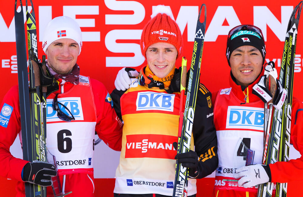 26.01.2014, Oberstdorf, Germany (GER): (l-r) Jan Schmid (NOR), Fischer, Start, Rottefella, Eric Frenzel (GER), Fischer, Leki, Salomon, Adidas and Akito Watabe (JPN), Fischer, Swix, Rottefella- FIS world cup nordic combined, individual gundersen HS137/10k