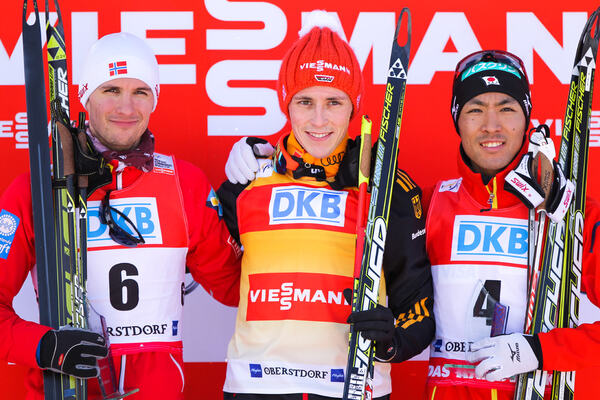 26.01.2014, Oberstdorf, Germany (GER): (l-r) Jan Schmid (NOR), Fischer, Start, Rottefella, Eric Frenzel (GER), Fischer, Leki, Salomon, Adidas and Akito Watabe (JPN), Fischer, Swix, Rottefella- FIS world cup nordic combined, individual gundersen HS137/10k NordicFocus