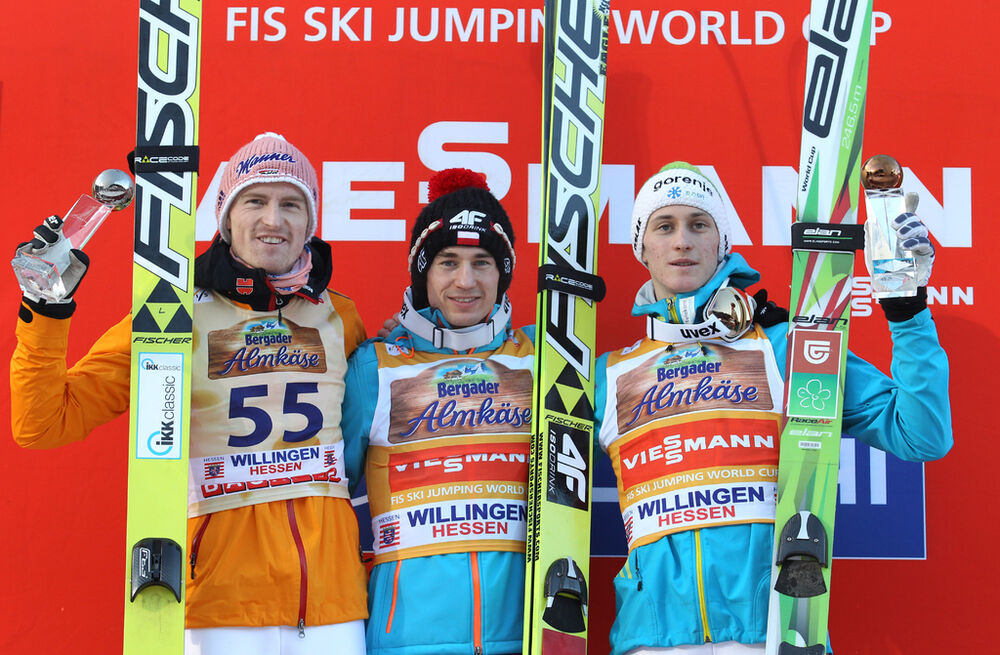 02.02.2014, Willingen, Germany (GER): podium, l-r, Severin Freund (GER), Fischer, Kamin Stoch (POL), Fischer, Peter Prevc (SLO), Elan- FIS world cup ski jumping, individual HS145, Willingen (GER). www.nordicfocus.com. © Domanski/NordicFocus. Every downl