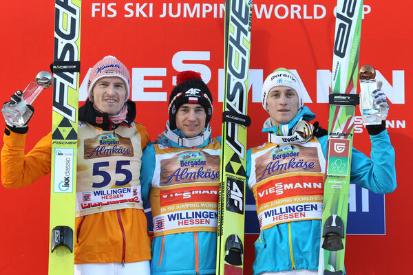 02.02.2014, Willingen, Germany (GER): podium, l-r, Severin Freund (GER), Fischer, Kamin Stoch (POL), Fischer, Peter Prevc (SLO), Elan- FIS world cup ski jumping, individual HS145, Willingen (GER). www.nordicfocus.com. © Domanski/NordicFocus. Every downl NordicFocus