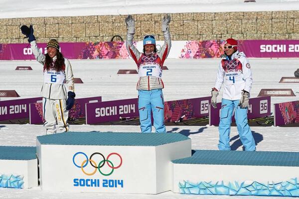 08.02.2014, Sochi, Russia (RUS): Charlotte Kalla (SWE), Marit Bjoergen (NOR), Heidi Weng (NOR), (l-r)- XXII. Olympic Winter Games Sochi 2014, cross-country, skiathlon women, Sochi (RUS). www.nordicfocus.com. © NordicFocus. Every downloaded picture is fe NordicFocus