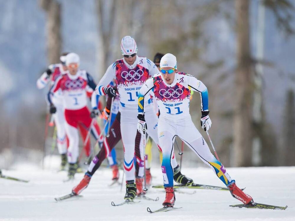 09.02.2014, Sochi, Russia (RUS): Marcus Hellner (SWE), Jean Marc Gaillard (FRA)- XXII. Olympic Winter Games Sochi 2014, cross-country, skiathlon men, Sochi (RUS). www.nordicfocus.com. © NordicFocus. Every downloaded picture is fee-liable.