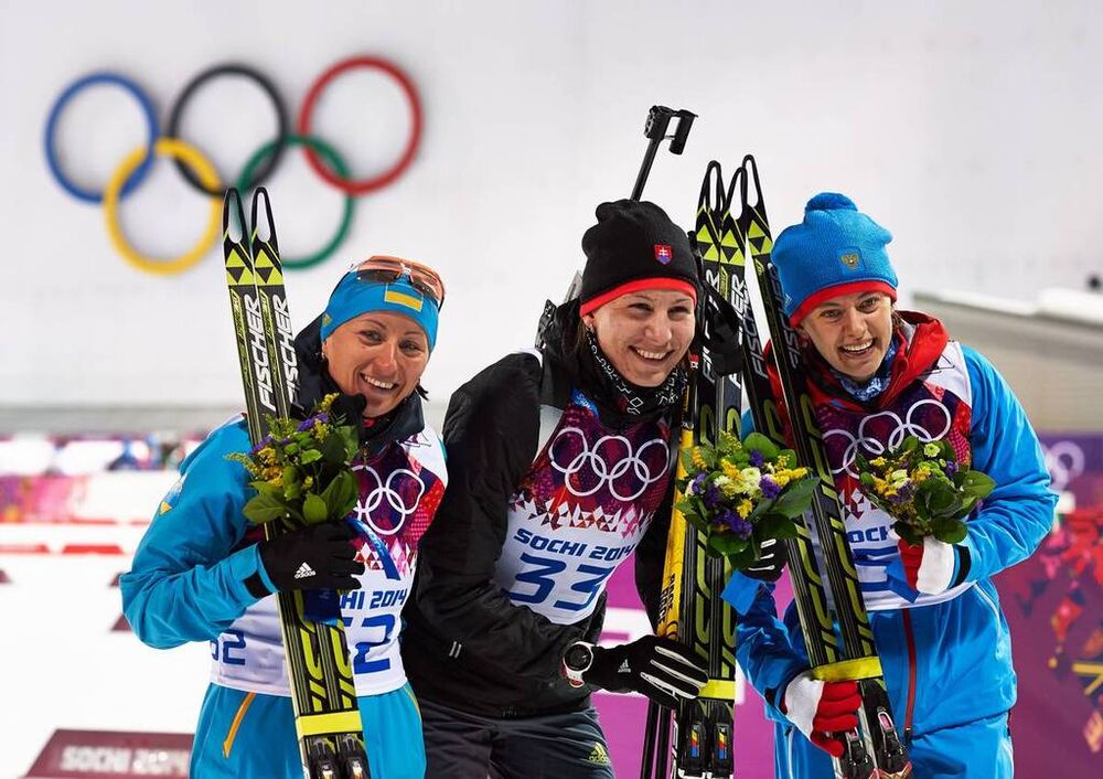 09.02.2014, Sochi, Russia (RUS): Vita Semerenko (UKR), Anastasiya Kuzmina (SVK), Olga Vilukhina (RUS), (l-r)- XXII. Olympic Winter Games Sochi 2014, biathlon, sprint women, Sochi (RUS). www.nordicfocus.com. © NordicFocus. Every downloaded picture is fee