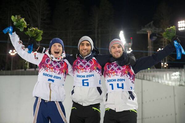 10.02.2014, Sochi, Russia (RUS): Ondrej Moravec (CZE), Martin Fourcade (FRA), Jean Guillaume Beatrix (FRA)- XXII. Olympic Winter Games Sochi 2014, biathlon, pursuit men, Sochi (RUS). www.nordicfocus.com. © NordicFocus. Every downloaded picture is fee-li NordicFocus