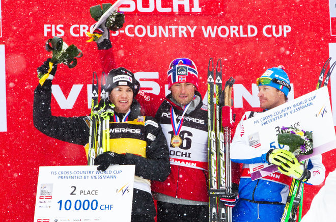 SÅ HÄR gick det under sprinten vid för-OS i Sochi för ett år sedan. Petter Northug vann före Dario Cologna och italienaren David Hofer. Foto: NORDIC FOCUS