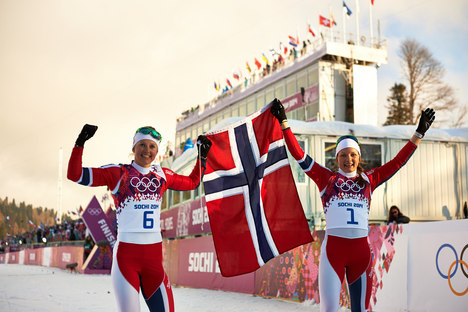 11.02.2014, Sochi, Russia (RUS): Ingvild Flugstad Oestberg (NOR), Maiken Caspersen Falla (NOR), (l-r)- XXII. Olympic Winter Games Sochi 2014, cross-country, individual sprint, Sochi (RUS). www.nordicfocus.com. © NordicFocus. Every downloaded picture is NordicFocus 11.02.2014, Sochi, Russia (RUS): Ingvild Flugstad Oestberg (NOR), Maiken Caspersen Falla (NOR), (l-r)- XXII. Olympic Winter Games Sochi 2014, cross-country, individual sprint, Sochi (RUS). www.nordicfocus.com. © NordicFocus. Every downloaded picture is
