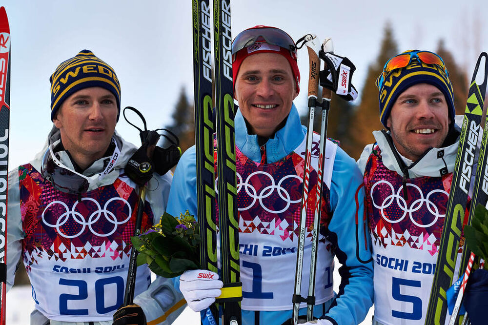 11.02.2014, Sochi, Russia (RUS): Teodor Peterson (SWE), Ola Vigen Hattestad (NOR), Emil Joensson (SWE), (l-r)- XXII. Olympic Winter Games Sochi 2014, cross-country, individual sprint, Sochi (RUS). www.nordicfocus.com. © NordicFocus. Every downloaded pic