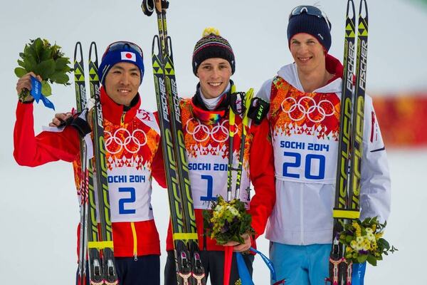 12.02.2014, Sochi, Russia (RUS): (l-r) Akito Watabe (JPN), Fischer, Swix, Rottefella, Eric Frenzel (GER), Fischer, Leki, Salomon, Adidas and Magnus Krog (NOR), Fischer, Alpina, Rottefella, Swix- XXII. Olympic Winter Games Sochi 2014, nordic combined, ind NordicFocus