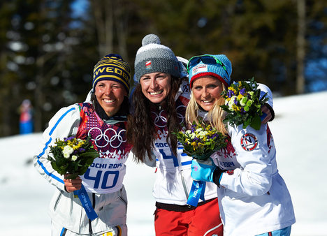 13.02.2014, Sochi, Russia (RUS): Charlotte Kalla (SWE), Justyna Kowalczyk (POL), Therese Johaug (NOR), (l-r)- XXII. Olympic Winter Games Sochi 2014, cross-country, 10km women, Sochi (RUS). www.nordicfocus.com. © NordicFocus. Every downloaded picture is NordicFocus 13.02.2014, Sochi, Russia (RUS): Charlotte Kalla (SWE), Justyna Kowalczyk (POL), Therese Johaug (NOR), (l-r)- XXII. Olympic Winter Games Sochi 2014, cross-country, 10km women, Sochi (RUS). www.nordicfocus.com. © NordicFocus. Every downloaded picture is