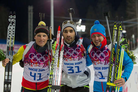 13.02.2014, Sochi, Russia (RUS): Eric Lesser (GER), Martin Fourcade (FRA), Evgeniy Garanichev (RUS)- XXII. Olympic Winter Games Sochi 2014, biathlon, individual men, Sochi (RUS). www.nordicfocus.com. © NordicFocus. Every downloaded picture is fee-liable NordicFocus 13.02.2014, Sochi, Russia (RUS): Eric Lesser (GER), Martin Fourcade (FRA), Evgeniy Garanichev (RUS)- XXII. Olympic Winter Games Sochi 2014, biathlon, individual men, Sochi (RUS). www.nordicfocus.com. © NordicFocus. Every downloaded picture is fee-liable
