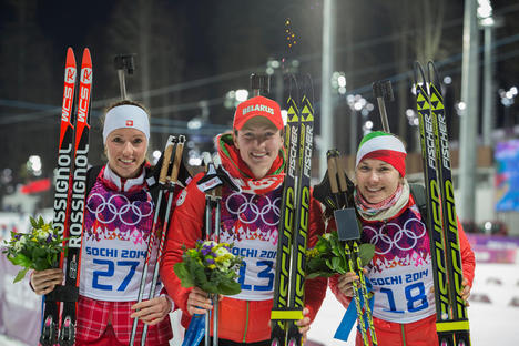 14.02.2014, Sochi, Russia (RUS): Selina Gasparin (SUI), Darya Domracheva (BLR), Nadezhda Skardino (BLR)- XXII. Olympic Winter Games Sochi 2014, biathlon, individual women, Sochi (RUS). www.nordicfocus.com. © NordicFocus. Every downloaded picture is fee- NordicFocus 14.02.2014, Sochi, Russia (RUS): Selina Gasparin (SUI), Darya Domracheva (BLR), Nadezhda Skardino (BLR)- XXII. Olympic Winter Games Sochi 2014, biathlon, individual women, Sochi (RUS). www.nordicfocus.com. © NordicFocus. Every downloaded picture is fee-