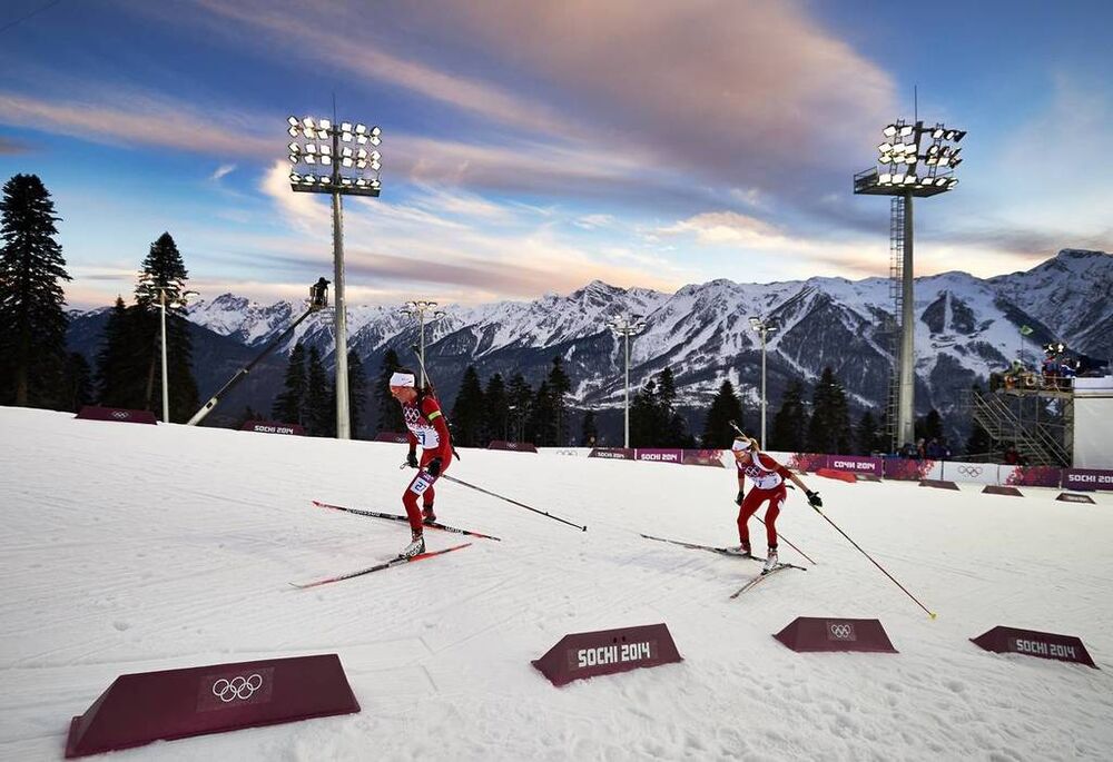 14.02.2014, Sochi, Russia (RUS): Selina Gasparin (SUI), Elisa Gasparin (SUI), (l-r)- XXII. Olympic Winter Games Sochi 2014, biathlon, individual women, Sochi (RUS). www.nordicfocus.com. © NordicFocus. Every downloaded picture is fee-liable.