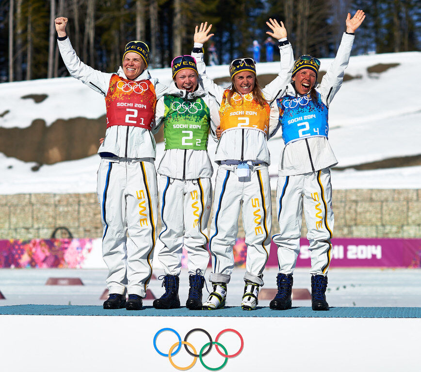 15.02.2014, Sochi, Russia (RUS): Ida Ingemarsdotter (SWE), Emma Wiken (SWE), Anna Haag (SWE), Charlotte Kalla (SWE), (l-r)- XXII. Olympic Winter Games Sochi 2014, cross-country, 4x5km women, Sochi (RUS). www.nordicfocus.com. © NordicFocus. Every downloa