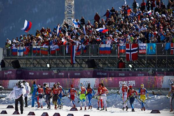 15.02.2014, Sochi, Russia (RUS): athletes on the way to the start- XXII. Olympic Winter Games Sochi 2014, cross-country, 4x5km women, Sochi (RUS). www.nordicfocus.com. © NordicFocus. Every downloaded picture is fee-liable. NordicFocus