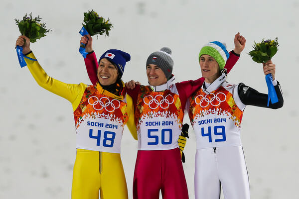 15.02.2014, Sochi, Russia (RUS): (l-r) Noriaki Kasai (JPN), Fischer, Kamil Stoch (POL), Fischer and Peter Prevc (SLO)- XXII. Olympic Winter Games Sochi 2014, ski jumping, individual HS140, Sochi (RUS). www.nordicfocus.com. © NordicFocus. Every downloade NordicFocus