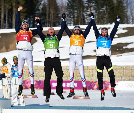16.02.2014, Sochi, Russia (RUS): Jean Marc Gaillard (FRA), Maurice Manificat (FRA), Robin Duvillard (FRA), Ivan Perrillat Boiteux (FRA), (l-r)- XXII. Olympic Winter Games Sochi 2014, cross-country, 4x10km men, Sochi (RUS). www.nordicfocus.com. © NordicF NordicFocus 16.02.2014, Sochi, Russia (RUS): Jean Marc Gaillard (FRA), Maurice Manificat (FRA), Robin Duvillard (FRA), Ivan Perrillat Boiteux (FRA), (l-r)- XXII. Olympic Winter Games Sochi 2014, cross-country, 4x10km men, Sochi (RUS). www.nordicfocus.com. © NordicF