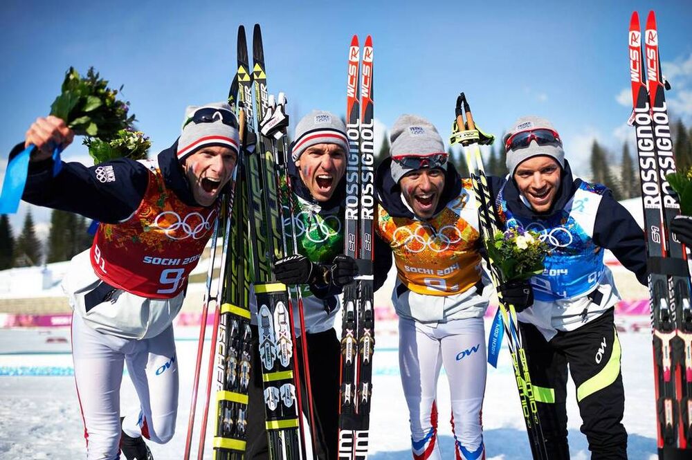16.02.2014, Sochi, Russia (RUS): Jean Marc Gaillard (FRA), Maurice Manificat (FRA), Robin Duvillard (FRA), Ivan Perrillat Boiteux (FRA), (l-r)- XXII. Olympic Winter Games Sochi 2014, cross-country, 4x10km men, Sochi (RUS). www.nordicfocus.com. © NordicF