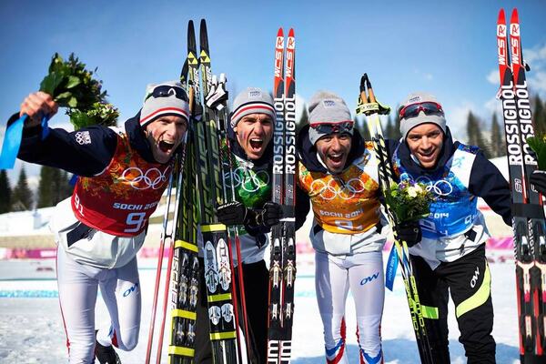 16.02.2014, Sochi, Russia (RUS): Jean Marc Gaillard (FRA), Maurice Manificat (FRA), Robin Duvillard (FRA), Ivan Perrillat Boiteux (FRA), (l-r)- XXII. Olympic Winter Games Sochi 2014, cross-country, 4x10km men, Sochi (RUS). www.nordicfocus.com. © NordicF NordicFocus