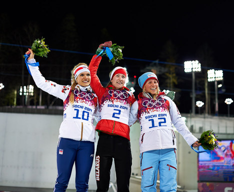 17.02.2014, Sochi, Russia (RUS): Gabriela Soukalova (CZE), Darya Domracheva (BLR), Tiril Eckhoff (NOR), (l-r)- XXII. Olympic Winter Games Sochi 2014, biathlon, mass women, Sochi (RUS). www.nordicfocus.com. © NordicFocus. Every downloaded picture is fee- NordicFocus 17.02.2014, Sochi, Russia (RUS): Gabriela Soukalova (CZE), Darya Domracheva (BLR), Tiril Eckhoff (NOR), (l-r)- XXII. Olympic Winter Games Sochi 2014, biathlon, mass women, Sochi (RUS). www.nordicfocus.com. © NordicFocus. Every downloaded picture is fee-