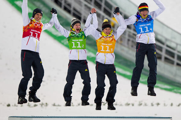 17.02.2014, Sochi, Russia (RUS): (l-r) Andreas Wank (GER), Marinus Kraus (GER), Fischer, Andreas Wellinger (GER), Fluege.de and Severin Freund (GER), Fischer- XXII. Olympic Winter Games Sochi 2014, ski jumping, team HS140, Sochi (RUS). www.nordicfocus.co NordicFocus