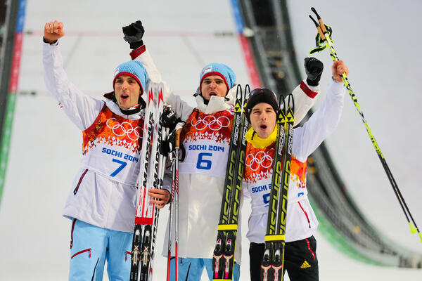 18.02.2014, Sochi, Russia (RUS): (l-r) Magnus Moan (NOR), Madshus, Rottefella, Swix, Joergen Graabak (NOR), Fischer, Swix, Alpina, Rottefella and Fabian Riessle (GER), Fischer, One Way, Rottefella, Adidas- XXII. Olympic Winter Games Sochi 2014, nordic co NordicFocus