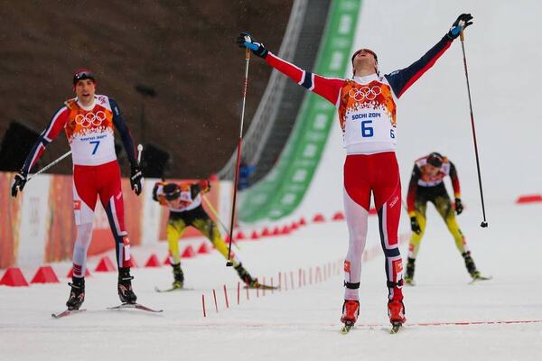 18.02.2014, Sochi, Russia (RUS): (l-r) Magnus Moan (NOR), Madshus, Rottefella, Swix and Joergen Graabak (NOR), Fischer, Swix, Alpina, Rottefella- XXII. Olympic Winter Games Sochi 2014, nordic combined, individual gundersen HS140/10km, Sochi (RUS). www.no NordicFocus