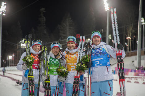 19.02.2014, Sochi, Russia (RUS): Tora Berger (NOR), Tiril Ekhoff (NOR), Ole Einar Bjoerndalen (NOR), Emil Hegle Svendsen (NOR)- XXII. Olympic Winter Games Sochi 2014, biathlon, relay mixed, Sochi (RUS). www.nordicfocus.com. © NordicFocus. Every download NordicFocus 19.02.2014, Sochi, Russia (RUS): Tora Berger (NOR), Tiril Ekhoff (NOR), Ole Einar Bjoerndalen (NOR), Emil Hegle Svendsen (NOR)- XXII. Olympic Winter Games Sochi 2014, biathlon, relay mixed, Sochi (RUS). www.nordicfocus.com. © NordicFocus. Every download