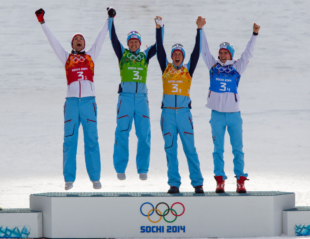 20.02.2014, Sochi, Russia (RUS): (l-r) Magnus Moan (NOR), Madshus, Rottefella, Swix, Haavard Klemetsen (NOR), Fischer, Swix, Alpina, Rottefella, Magnus Krog (NOR), Fischer, Alpina, Rottefella, Swix and Joergen Graabak (NOR), Fischer, Swix, Alpina, Rottefe