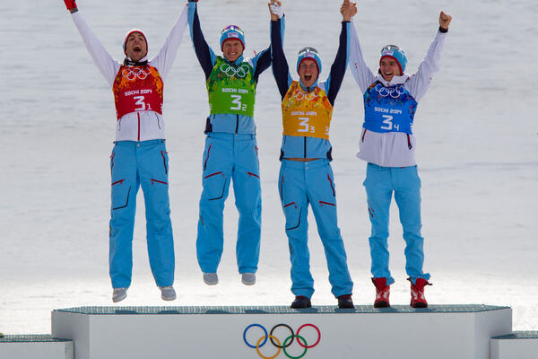 20.02.2014, Sochi, Russia (RUS): (l-r) Magnus Moan (NOR), Madshus, Rottefella, Swix, Haavard Klemetsen (NOR), Fischer, Swix, Alpina, Rottefella, Magnus Krog (NOR), Fischer, Alpina, Rottefella, Swix and Joergen Graabak (NOR), Fischer, Swix, Alpina, Rottefe NordicFocus