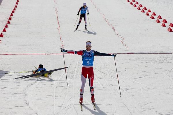 20.02.2014, Sochi, Russia (RUS): (l-r) Fabian Riessle (GER), Fischer, One Way, Rottefella, Adidas, Joergen Graabak (NOR), Fischer, Swix, Alpina, Rottefella and Mario Stecher (AUT), Madshus, Leki, Rottefella, Loeffler finisching on the 3rd place- XXII. Ol NordicFocus