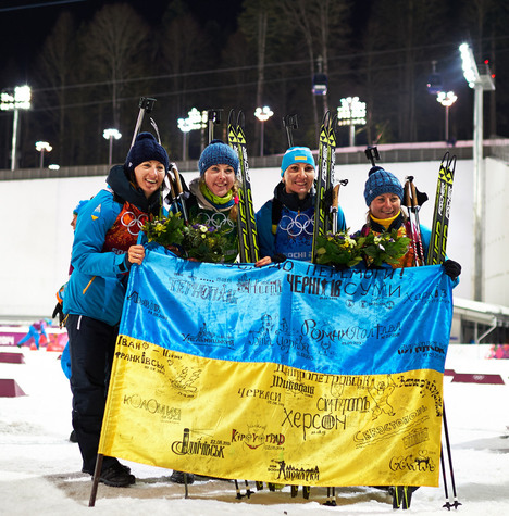 21.02.2014, Sochi, Russia (RUS): Vita Semerenko (UKR), Juliya Dzhyma (UKR), Olena Pidhrushna (UKR), Valj Semerenko (UKR), (l-r)- XXII. Olympic Winter Games Sochi 2014, biathlon, relay women, Sochi (RUS). www.nordicfocus.com. © NordicFocus. Every downloa NordicFocus 21.02.2014, Sochi, Russia (RUS): Vita Semerenko (UKR), Juliya Dzhyma (UKR), Olena Pidhrushna (UKR), Valj Semerenko (UKR), (l-r)- XXII. Olympic Winter Games Sochi 2014, biathlon, relay women, Sochi (RUS). www.nordicfocus.com. © NordicFocus. Every downloa