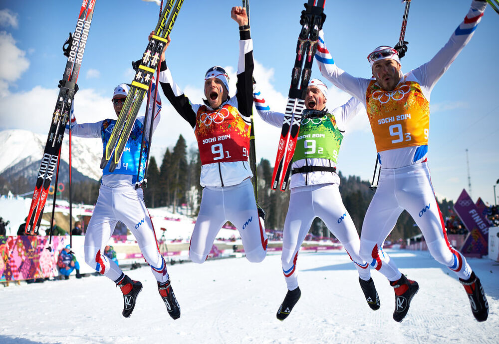 16.02.2014, Sochi, Russia (RUS): Ivan Perrillat Boiteux (FRA), Jean Marc Gaillard (FRA), Maurice Manificat (FRA), Robin Duvillard (FRA), (l-r)- XXII. Olympic Winter Games Sochi 2014, cross-country, 4x10km men, Sochi (RUS). www.nordicfocus.com. © NordicF