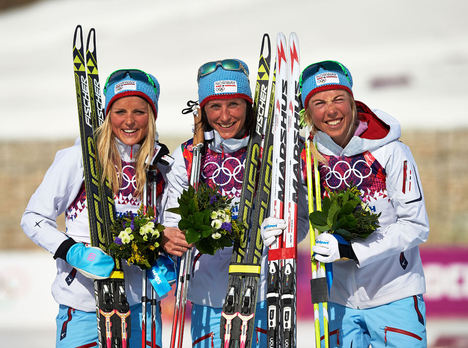 22.02.2014, Sochi, Russia (RUS): Therese Johaug (NOR), Marit Bjoergen (NOR), Kristin Stoermer Steira (NOR), (l-r)- XXII. Olympic Winter Games Sochi 2014, cross-country, 30km women, Sochi (RUS). www.nordicfocus.com. © NordicFocus. Every downloaded pictur NordicFocus 22.02.2014, Sochi, Russia (RUS): Therese Johaug (NOR), Marit Bjoergen (NOR), Kristin Stoermer Steira (NOR), (l-r)- XXII. Olympic Winter Games Sochi 2014, cross-country, 30km women, Sochi (RUS). www.nordicfocus.com. © NordicFocus. Every downloaded pictur