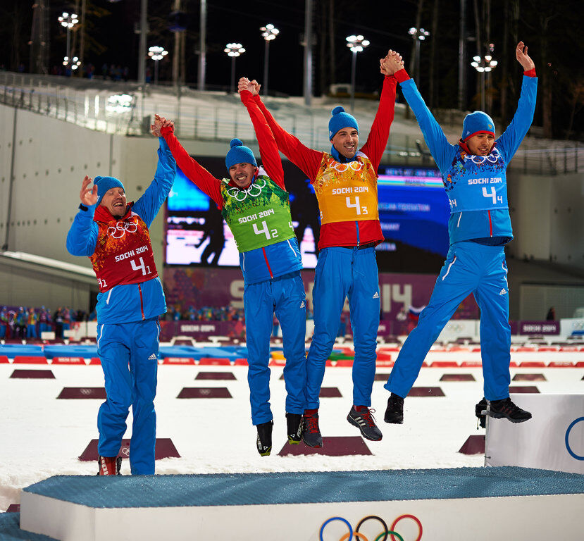 22.02.2014, Sochi, Russia (RUS): Alexey Volkov (RUS), Evgeny Ustyugov (RUS), Dmitry Malyshko (RUS), Anton Shipulin (RUS), (l-r)- XXII. Olympic Winter Games Sochi 2014, biathlon, relay men, Sochi (RUS). www.nordicfocus.com. © NordicFocus. Every downloade