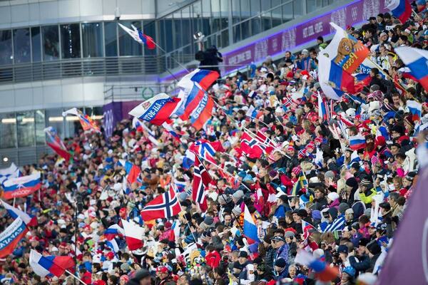 22.02.2014, Sochi, Russia (RUS): Event Feature: Russian Fans celebrate- XXII. Olympic Winter Games Sochi 2014, biathlon, relay men, Sochi (RUS). www.nordicfocus.com. © NordicFocus. Every downloaded picture is fee-liable. NordicFocus