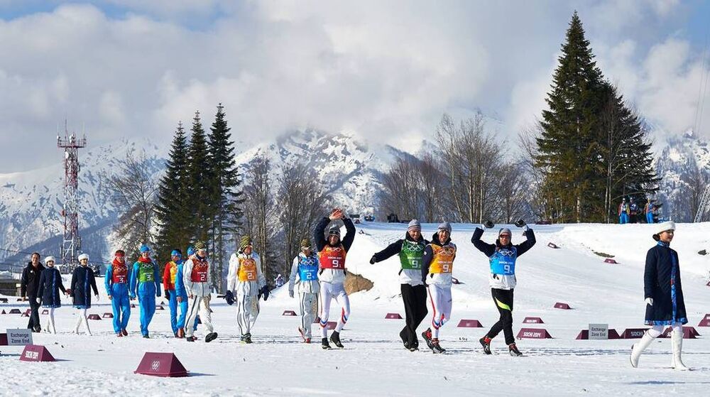 16.02.2014, Sochi, Russia (RUS): Dmitriy Japarov (RUS), Alexander Bessmertnykh (RUS), Alexander Legkov (RUS), Maxim Vylegzhanin (RUS), Lars Nelson (SWE), Daniel Richardsson (SWE), Johan Olsson (SWE), Marcus Hellner (SWE), Jean Marc Gaillard (FRA), Maurice