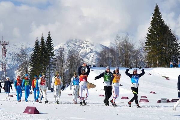 16.02.2014, Sochi, Russia (RUS): Dmitriy Japarov (RUS), Alexander Bessmertnykh (RUS), Alexander Legkov (RUS), Maxim Vylegzhanin (RUS), Lars Nelson (SWE), Daniel Richardsson (SWE), Johan Olsson (SWE), Marcus Hellner (SWE), Jean Marc Gaillard (FRA), Maurice NordicFocus