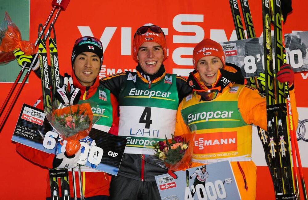 28.02.2014, Lahti, Finland (FIN): (l-r) Akito Watabe (JPN), Fischer, Swix, Rottefella, Johannes Rydzek (GER), Fischer, Swix, Rottefella, Adidas and Eric Frenzel (GER), Fischer, Leki, Rottefella, Adidas- FIS world cup nordic combined, individual gundersen