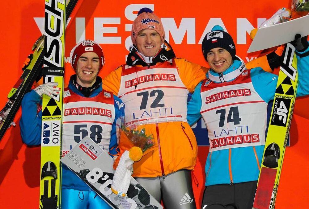 28.02.2014, Lahti, Finland (FIN): (l-r) Stefan Kraft (AUT), Fischer, Severin Freund (GER), Fischer and Kamil Stoch (POL), Fischer- FIS world cup ski jumping, individual HS130, Lahti (FIN). www.nordicfocus.com. © Laiho/NordicFocus. Every downloaded pictu