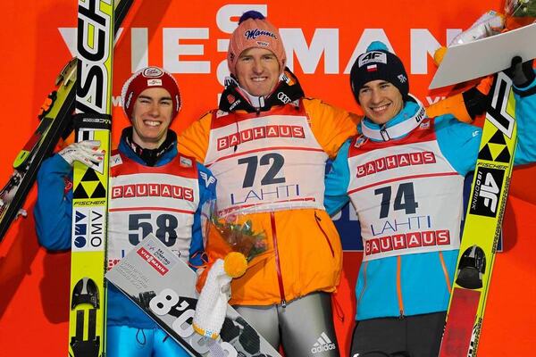 28.02.2014, Lahti, Finland (FIN): (l-r) Stefan Kraft (AUT), Fischer, Severin Freund (GER), Fischer and Kamil Stoch (POL), Fischer- FIS world cup ski jumping, individual HS130, Lahti (FIN). www.nordicfocus.com. © Laiho/NordicFocus. Every downloaded pictu NordicFocus