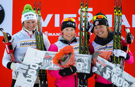 01.03.2014, Lahti, Finland (FIN): (l-r) Katja Visnar (SLO), Fischer, Swix, Rottefella, One Way, Kikkan Randall (USA), Fischer, Swix, Salomon and Sophie Caldwell (USA), Fischer, Swix, Salomon- FIS world cup cross-country, individual sprint, Lahti (FIN). w NordicFocus 01.03.2014, Lahti, Finland (FIN): (l-r) Katja Visnar (SLO), Fischer, Swix, Rottefella, One Way, Kikkan Randall (USA), Fischer, Swix, Salomon and Sophie Caldwell (USA), Fischer, Swix, Salomon- FIS world cup cross-country, individual sprint, Lahti (FIN). w