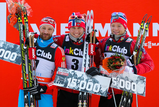 PÅL GOLBERG (mitten) vann fristilssprinten i Lahti före Alexey Petukhov och Eirik Brandsdal. Foto: NORDIC FOCUS