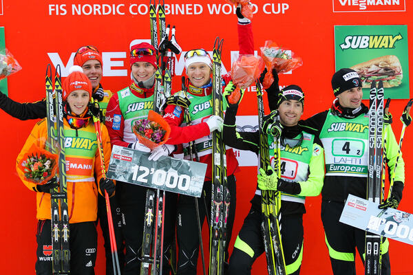 01.03.2014, Lahti, Finland (FIN): (l-r) Eric Frenzel (GER), Fischer, Leki, Rottefella, Adidas, Johannes Rydzek (GER), Fischer, Swix, Rottefella, Adidas, Joergen Graabak (NOR), Fischer, Swix, Alpina, Rottefella, Haavard Klemetsen (NOR), Fischer, Swix, Alpi NordicFocus