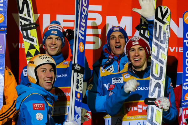 01.03.2014, Lahti, Finland (FIN): (l-r) Thomas Diethart (AUT), Michael Hayboeck (AUT), Fischer, Gregor Schlierenzauer (AUT), Fischer and Stefan Kraft (AUT), Fischer- FIS world cup ski jumping, team HS130, Lahti (FIN). www.nordicfocus.com. © Laiho/Nordic NordicFocus