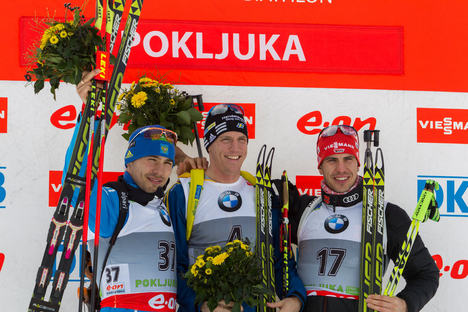 06.03.2014, Pokljuka, Slovenia (SLO): Anton Shipulin (RUS), Bjoern Ferry (SWE), Arnd Peiffer (GER)- IBU world cup biathlon, sprint men, Pokljuka (SLO). www.nordicfocus.com. © Manzoni/NordicFocus. Every downloaded picture is fee-liable. NordicFocus 06.03.2014, Pokljuka, Slovenia (SLO): Anton Shipulin (RUS), Bjoern Ferry (SWE), Arnd Peiffer (GER)- IBU world cup biathlon, sprint men, Pokljuka (SLO). www.nordicfocus.com. © Manzoni/NordicFocus. Every downloaded picture is fee-liable.