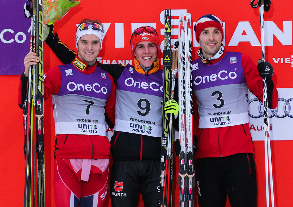 06.03.2014, Trondheim, Norway (NOR): (l-r) Joergen Graabak (NOR), Fischer, Swix, Alpina, Rottefella, Johannes Rydzek (GER), Fischer, Swix, Rottefella, Adidas and Magnus Moan (NOR), Madshus, Rottefella, Swix- FIS world cup nordic combined, individual gund