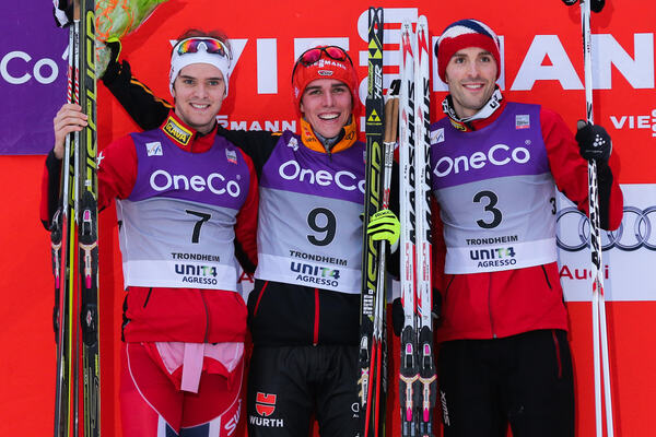 06.03.2014, Trondheim, Norway (NOR): (l-r) Joergen Graabak (NOR), Fischer, Swix, Alpina, Rottefella, Johannes Rydzek (GER), Fischer, Swix, Rottefella, Adidas and Magnus Moan (NOR), Madshus, Rottefella, Swix- FIS world cup nordic combined, individual gund NordicFocus