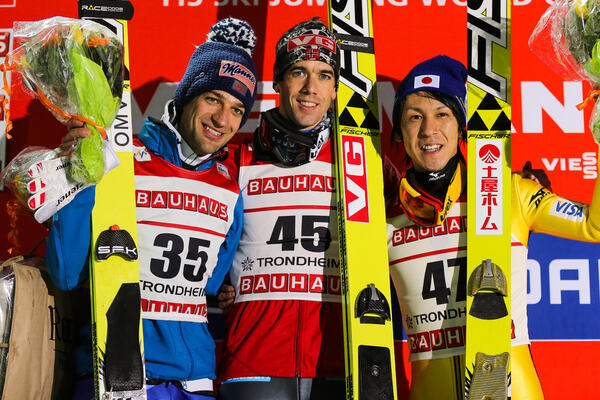 07.03.2014, Trondheim, Norway (NOR): (l-r) Andreas Kofler (AUT), Fischer, Anders Bardal (NOR), Fischer and Noriaki Kasai (JPN), Fischer- FIS world cup ski jumping, individual HS138, Trondheim (NOR). www.nordicfocus.com. © Laiho/NordicFocus. Every downlo NordicFocus