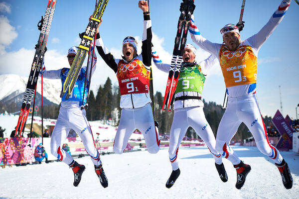 16.02.2014, Sochi, Russia (RUS): Ivan Perrillat Boiteux (FRA), Jean Marc Gaillard (FRA), Maurice Manificat (FRA), Robin Duvillard (FRA), (l-r)- XXII. Olympic Winter Games Sochi 2014, cross-country, 4x10km men, Sochi (RUS). www.nordicfocus.com. © NordicF NordicFocus