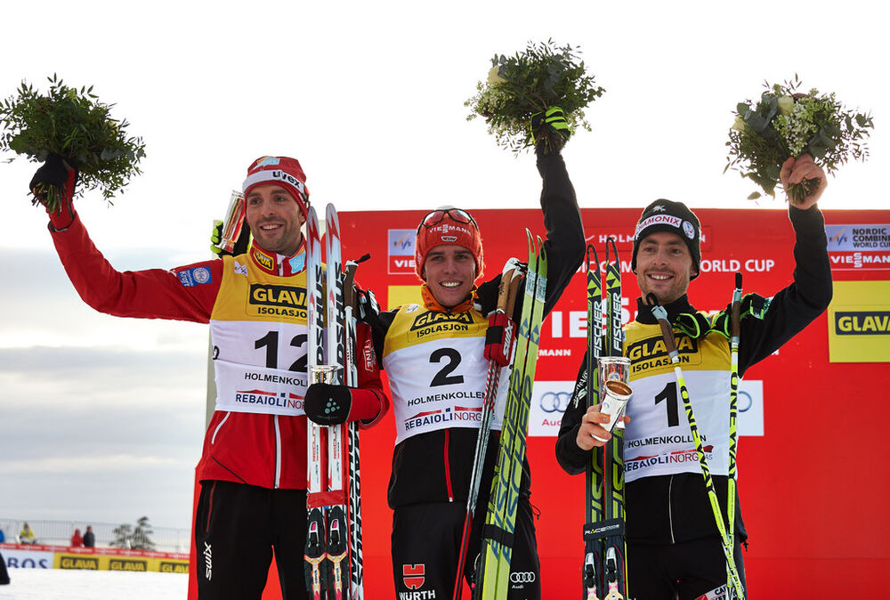 08.03.2014, Oslo, Norway (NOR): Magnus Moan (NOR), Johannes Rydzek (GER), Francois Braud (FRA), (l-r)- FIS world cup nordic combined, individual gundersen HS134/10km, Oslo (NOR). www.nordicfocus.com. © Laiho/NordicFocus. Every downloaded picture is fee-